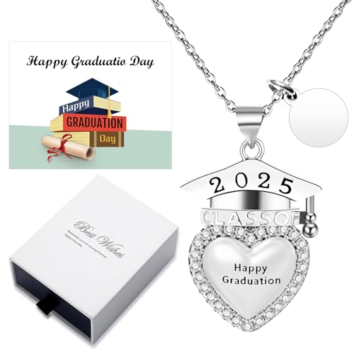 Cupimatch Personalisierte Herz Abschluss Halskette: Edelstahl Elegant Herzanhänger mit Zirkonia Klasse 2025 Doktorhut-Anhänger Gravierbare Abschlusskette Happy Graduation Geschenk für Frauen von Cupimatch