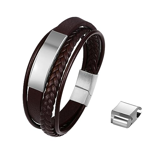Cupimatch Personalisiertes Armband mit Gravur für Männer Vintage Glänzend Herren Armband Mehrschichtige Geflochtene Lederschnur Edelstahl Herrenarmband Gravierbar Länge 21 cm von Cupimatch