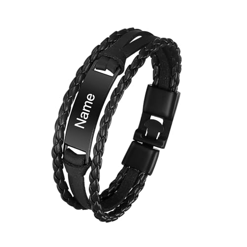 Cupimatch Personalisiertes Armband mit Gravur für Männer und Frauen | PU Leder Metall Armband Schwarz Braun Weiß Länge 20 cm | Personalisierte Armbänder mit Namen für Herren Damen von Cupimatch