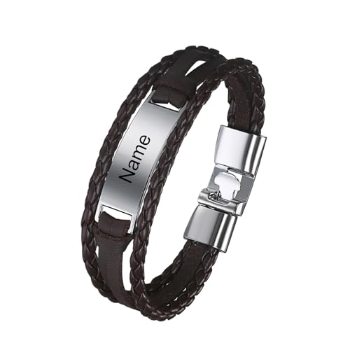 Cupimatch Personalisiertes Armband mit Gravur für Männer und Frauen | PU Leder Metall Armband Schwarz Weiß Braun Länge 20 cm | Personalisierte Armbänder mit Namen für Herren Damen von Cupimatch