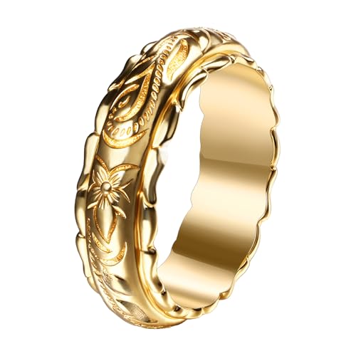 Cupimatch Plumeria Blumen Ring Damen: Exquisiter 14K Vergoldeter Hawaiianischer Damenring mit Gravur 7mm Breite Bandring Vintage Blumenring aus Messing Elegant Schmuck für Frauen Mädchen, Größe 59 von Cupimatch