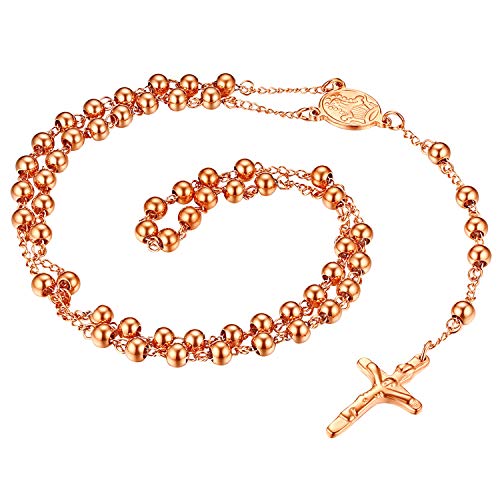 Cupimatch Rosenkranz Kette Edelstahl Halskette: Vintage Religiösen Jesus Christus Kruzifix Kreuz Katholischen Anhänger Perlenkette Kugelkette Amulett Schmuck Geschenke für Männer Frauen, Rosegold von Cupimatch
