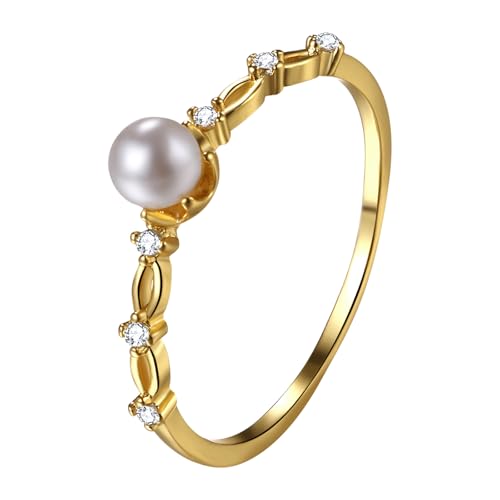 Cupimatch Ring Damen Perlen Zirkonia: Vergoldeter Perlen Damenring Stapelbarer Dünner Ehering Elegantes Kleines Goldring Geschenke für Mädchen Frauen von Cupimatch