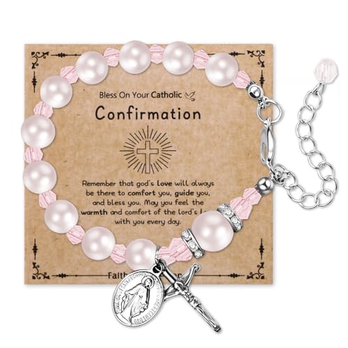 Cupimatch Rosenkranz Armband Kreuz Damen: Religiöser Armkette mit Jungfrau Maria Anhänger Verstellbare Christliche Perlen Armbänder mit Karte CONFIRMATION Taufe Geschenke für Frauen Mädchen, rosa Cupimatch Rosenkranz Armband Kreuz Damen: Religiöser Armkette mit Jungfrau Maria Anhänger Verstellbare Christliche Perlen Armbänder mit Karte CONFIRMATION Taufe Geschenke für Frauen Mädchen, rosa von Cupimatch