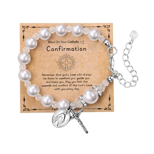 Cupimatch Rosenkranz Armband Kreuz Damen: Religiöser Armkette mit Jungfrau Maria Anhänger Verstellbare Christliche Perlen Armbänder mit Karte CONFIRMATION Taufe Geschenke für Frauen Mädchen, Weiß von Cupimatch