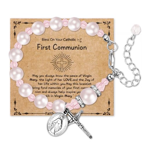 Cupimatch Rosenkranz Armband Kreuz Damen: Religiöser Armkette mit Jungfrau Maria Anhänger Verstellbare Christliche Perlen Armbänder mit Karte FIRST COMMUNION Taufe Geschenke für Frauen Mädchen, rosa Cupimatch Rosenkranz Armband Kreuz Damen: Religiöser Armkette mit Jungfrau Maria Anhänger Verstellbare Christliche Perlen Armbänder mit Karte FIRST COMMUNION Taufe Geschenke für Frauen Mädchen, rosa von Cupimatch