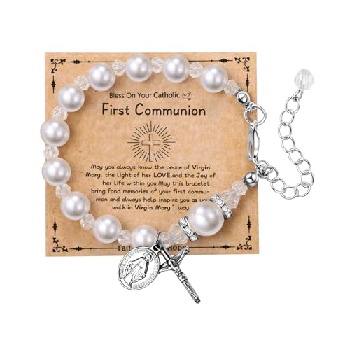 Cupimatch Rosenkranz Armband Kreuz Damen: Religiöser Armkette mit Jungfrau Maria Anhänger Verstellbare Christliche Perlen Armbänder mit Karte FIRST COMMUNION Taufe Geschenke für Frauen Mädchen, Weiß von Cupimatch