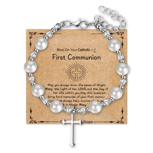 Cupimatch Rosenkranz Armband Kreuz Damen: Religiöser Armkette mit Kreuzanhänger Verstellbare Christliche Perlen Armbänder mit Karte FIRST COMMUNION Taufe Geschenke für Frauen Mädchen, Weiß von Cupimatch