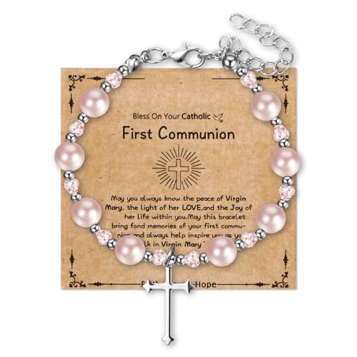 Cupimatch Rosenkranz Armband Kreuz Damen: Religiöser Armkette mit Kreuzanhänger Verstellbare Christliche Perlen Armbänder mit Karte FIRST COMMUNION Taufe Geschenke für Frauen Mädchen, rosa von Cupimatch