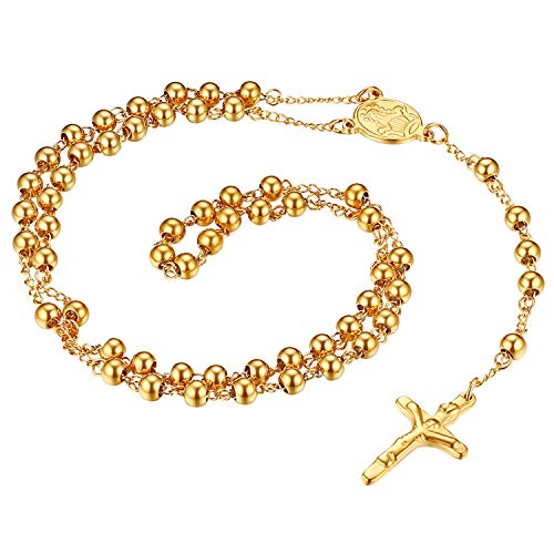 Cupimatch Rosenkranz Kette Edelstahl Halskette: Vintage Religiösen Jesus Christus Kruzifix Kreuz Katholischen Anhänger Perlenkette Kugelkette Amulett Schmuck Geschenke für Männer Frauen, Gold von Cupimatch