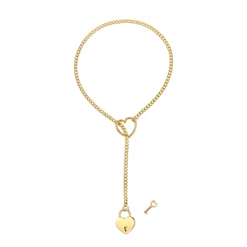 Cupimatch Schloss und Schlüssel Halskette: Edelstahl Punk Y-Kette mit Herz Anhänger Gothic Lasso Damenkette Verstellbare Slip-Kette Freundschaftsgeschenk für Frauen Mädchen Freundin, Gold von Cupimatch