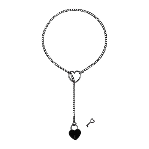 Cupimatch Schloss und Schlüssel Halskette: Edelstahl Punk Y-Kette mit Herz Anhänger Gothic Lasso Damenkette Verstellbare Slip-Kette Freundschaftsgeschenk für Frauen Mädchen Freundin, Schwarz von Cupimatch