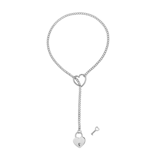 Cupimatch Schloss und Schlüssel Halskette: Edelstahl Punk Y-Kette mit Herz Anhänger Gothic Lasso Damenkette Verstellbare Slip-Kette Freundschaftsgeschenk für Frauen Mädchen Freundin, Silber von Cupimatch