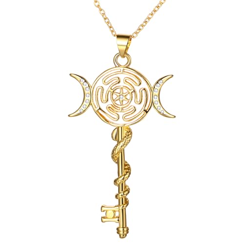 Cupimatch Schlüssel Halskette Amulett Schmuck: Goldener Dreifacher Mond Göttin Anhänger Vintage Edelstahl Hekate-Rad Kette mit Schlangen und Pentagramm Mystisches Hexen Geschenk für Männer Frauen von Cupimatch