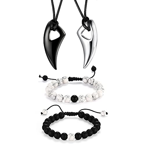Cupimatch Schmuckset Paar Wolf Zahn Anhänger Halskette Paar Armband Set Lederkette Stein Perlenarmband Geschenk für Herren Damen von Cupimatch
