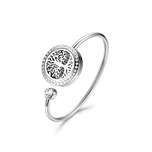 Cupimatch Lebensbaum Duftarmband Aromatherapie Aroma-öl diffusor Armreif Damen Edelstahl Aufklappbar zum Öffnen Medallion mit 8 Filz-Pads von Cupimatch