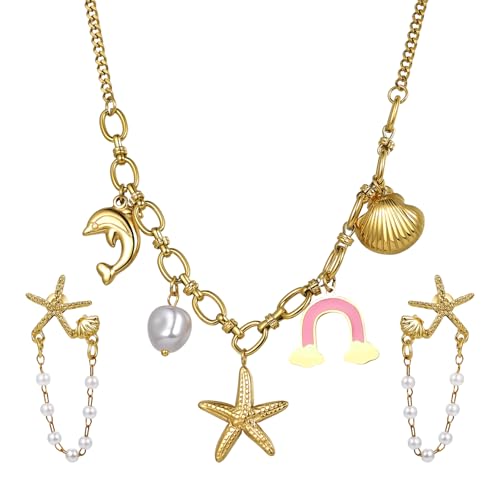 Cupimatch Boho Seestern Schmuck Set: Goldene Meerjungfrau Halskette mit Muschel Anhänger Vintage Seestern Ohrringe Elegant Regenbogen Charm Kette Ozean Strand Damenschmuck für Frauen Mädchen von Cupimatch