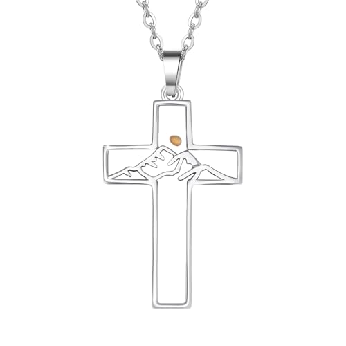 Cupimatch Senfkorn Kreuz Halskette Damen: Christliche Edelstahl Glaubenskette Inspirierender Anhänger mit Bergmotiv Senfkornkette Glaubensschmuck Religiöses Geschenk für Taufe Kommunion Konfirmation von Cupimatch