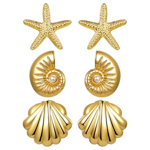 Cupimatch Elegant Muschel Ohrringe Damen: Edelstahl Hypoallerge Muschelform Ohrstecker Süße Jakobsmuschel Design Meerjungfrau Zubehör Boho Sommer Ohrschmuck für Frauen Mädchen, Gold von Cupimatch