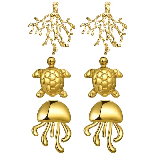 Cupimatch Elegant Muschel Ohrringe Set: 3 Paar Boho Edelstahl Hypoallerge Strand Ohrstecker Schildkröte/Qualle/Koralle Design Sommer Strandschmuck für Frauen Mädchen, Gold von Cupimatch