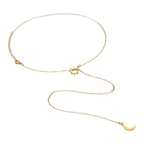 Cupimatch Sonne Mond Y-Kette Damen: Edelstahl Boho Verstellbare Lariat Halskette Punk Rock Choker Vintage Slip-Kette Celestial Schmuck mit Anhänger Sommer Geschenk für Frauen Mädchen Freundin, Gold von Cupimatch