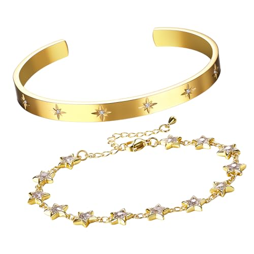Cupimatch Stern Armband Set Damen: 2 Stück 14K Vergoldete Armreifen mit Zirkonia Verstellbares Stern Kettenarmband Offenes Glänzendes Sternenhimmel Damenarmband Modeschmuck Geschenk Für Frauen Mädchen von Cupimatch