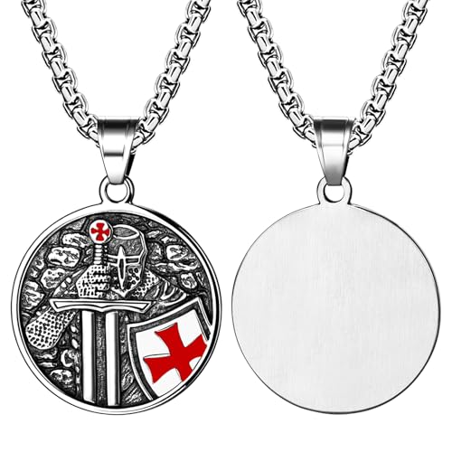 Cupimatch Tempelritter Kreuz Halskette Herren: Edelstahl Runder Schild Medaillon Anhänger mit 60cm Kette Heiliger Patron Religiöser Amulett Schmuck Geschenk für Vatertag Geburtstag Weihnachten von Cupimatch