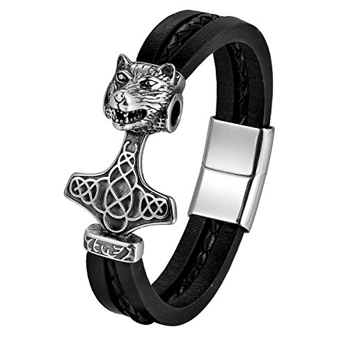 Thor Hammer Leder Armband Herren Schwer Kräftig Wolf Kopf Armreif mit Magnet Verschluss Jungen 21,5cm, Schwarz von Cupimatch