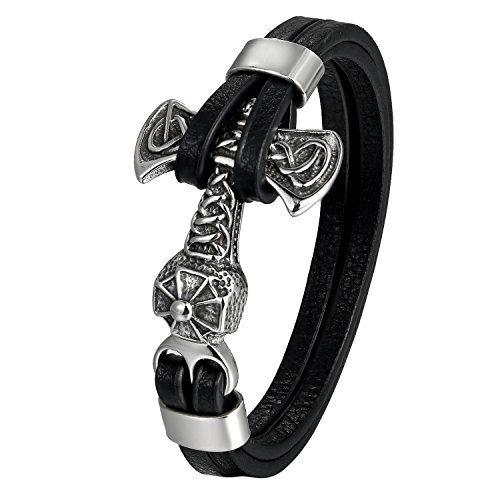 Thor Hammer Leder Armband Herren Schwer Kräftig Wolf Kopf Armreif mit Magnet Verschluss Jungen 21,5cm, Braun von Cupimatch