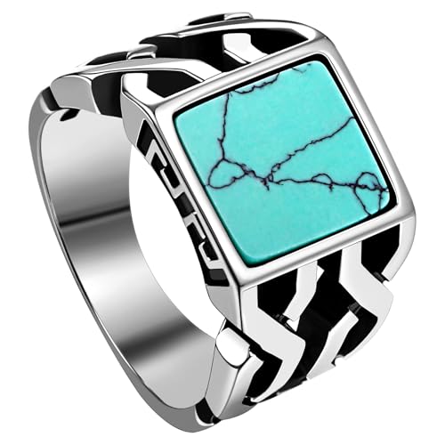 Cupimatch Türkis Ring Herren Siegelring: Vintage Breiter Bandring aus Edelstahl Retro Biker boho Blau Quadrat Edelstein Daumenring Vatertag Geburtstag Amulett Geschenk für Männer Freund, Größe 59 von Cupimatch