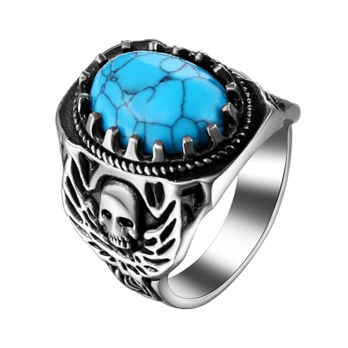 Cupimatch Türkis Ring Punk Siegelring: Vintage Gothic Totenkopfring Breit 25mm Biker Herrenring Schädel Daumenring Boho Blaue Stein Fingerringe Halloween Geschenk für Männer Freund Vater, Größe 65 von Cupimatch