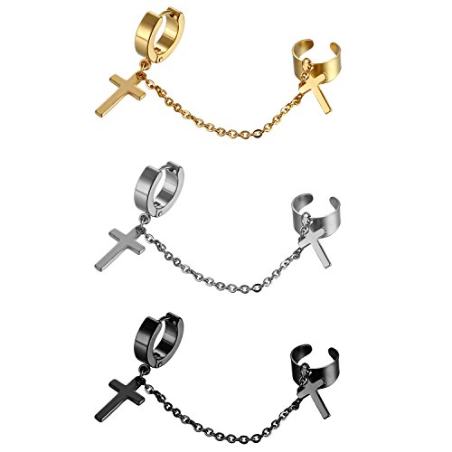 3 Paare Kreuz Ohrringe Damen Herren Fake Ohrstecker Edelstahl Cupimatch Set Piercing Ohr Clips für Jungen Mädchen, Silber Gold Schwarz von Cupimatch