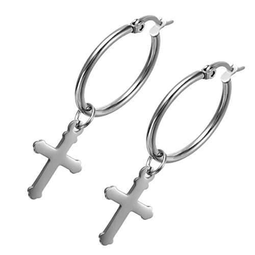 Cupimatch Unisex Kreuz Ohrringe Ohrstecker Edelstahl Silber, religiöse Creolen mit Kruzifix-Anhänger, geschenk für Frauen/Männer von Cupimatch