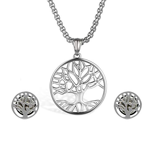 Cupimatch Halskette Ohrstecker Schmuckset Lebensbaum: Eleganter Silber Edelstahl Baum des Lebens Kette und Ohrringe Set Damen mit Strass, Geschenk zum Weihnachten Geburtstag Valentinstag Muttertag von Cupimatch
