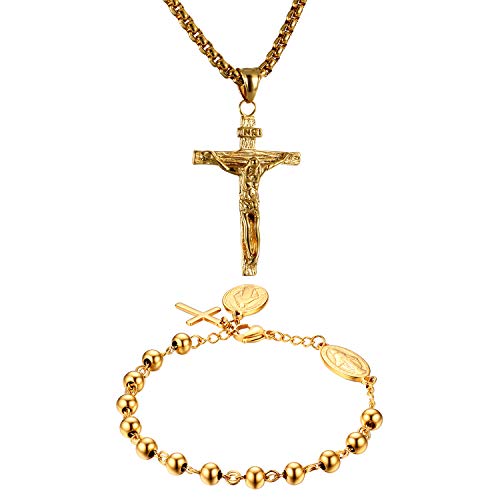 Cupimatch Kreuz Schmuck Set Gold Jesus Kreuz Anhänger Kette Jungfrau Maria Rosenkranzkette Armband Armkette Geschenk für Herren und Damen von Cupimatch