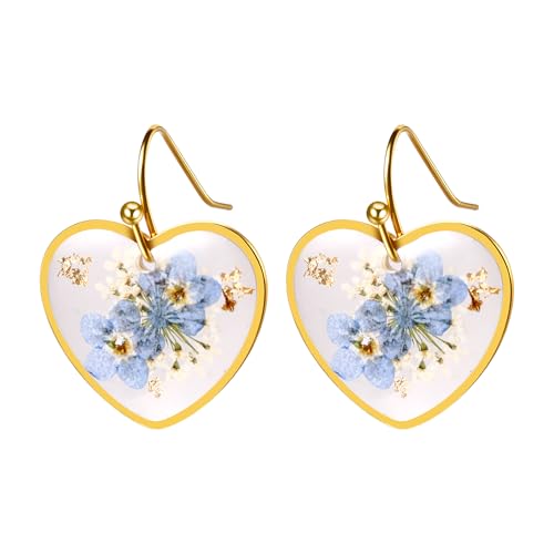 Cupimatch Vergissmeinnicht Ohrringe Herz Damen: Handgefertigte Edelstahl Trockenblumen Ohrhänger Romantische Blaue Blumen Tropfenohrringe Leichter Naturschmuck Geschenk Für Frauen Mädchen von Cupimatch