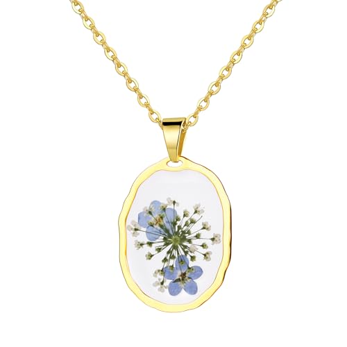 Cupimatch Vergissmeinnicht Oval Halskette Damen: Romantische Blumenkette Elegant Edelstahl Blauer Blumenanhänger Handgefertigter Naturschmuck Geschenk Für Frauen Mädchen von Cupimatch