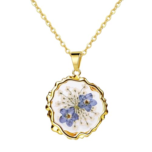 Cupimatch Vergissmeinnicht Rund Halskette Damen: Romantische Blumenkette Elegant Edelstahl Blauer Blumenanhänger mit unregelmäßigem Rand Handgefertigter Naturschmuck Geschenk Für Frauen Mädchen von Cupimatch