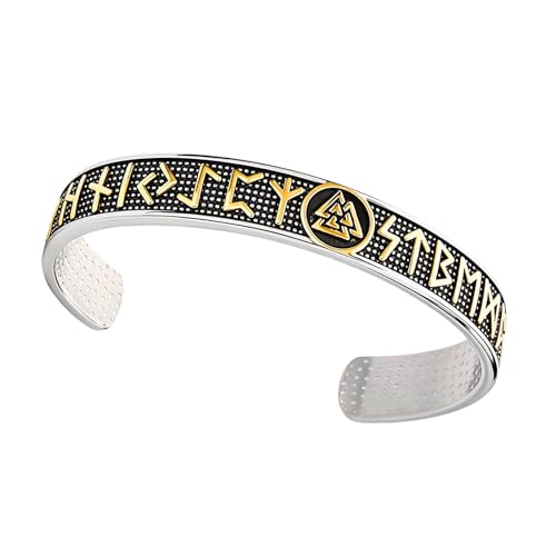 Cupimatch Wikinger Armband Herren Armreif: Vintage Edelstahl Runen Offene Nordische Armbänder mit Valknut Symbol Punk Rock Manschettenarmband Amulett Schmuck Geschenk für Vater Sohn Ehemann, Gold von Cupimatch