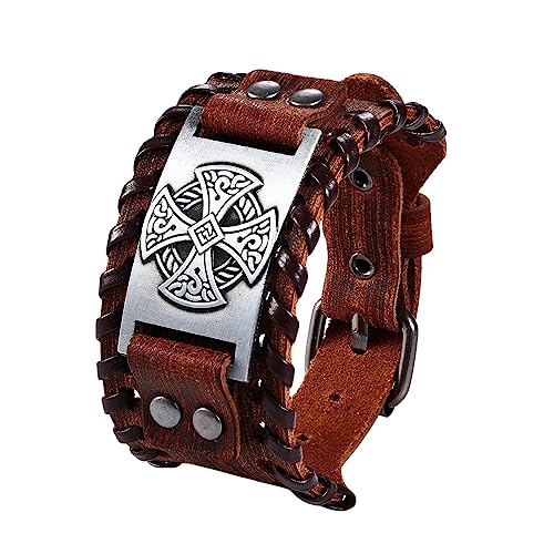 Cupimatch Wikinger Armband Herren Keltischer Knoten Armband Gotisches Kreuz Irischer Knoten Amulett Breites Manschetten Lederarmband für Männer Braun von Cupimatch