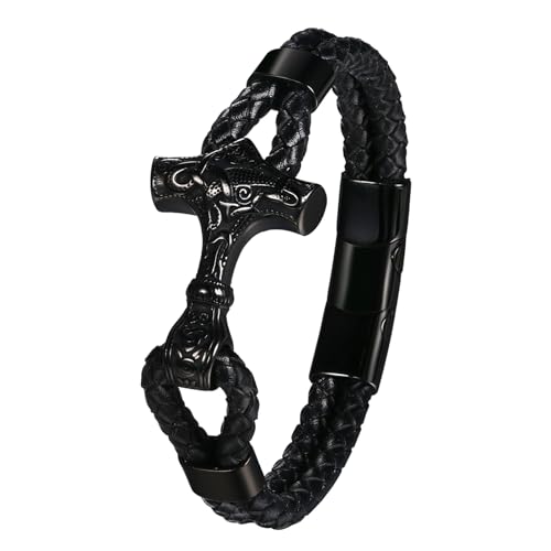 Cupimatch Wikinger Armband Herren Mjölnir: Edelstahl Thor Hammer Lederarmband PU Leder Armreif Verstellbares Nordisches Herrenarmband 21,5cm Rock Punk Armbänder Amulett Schmuck für Männer, Schwarz von Cupimatch