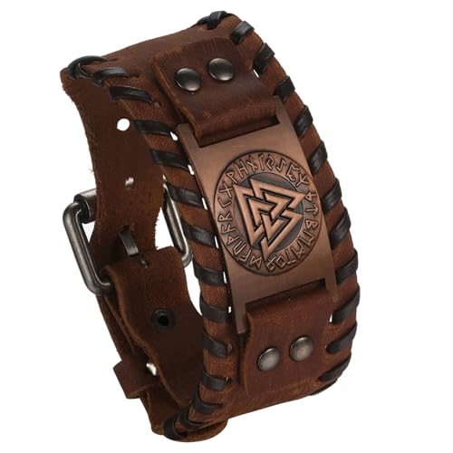 Cupimatch Wikinger Armband Leder Herren: 38mm Breites Nordisches Runen Valknut Lederarmband Retro Punk Verstellbar Manschettenarmband Vintage Amulett Schmuck Geschenk für Vater Sohn Bruder, Braun von Cupimatch