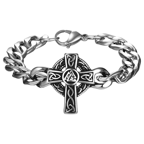 Cupimatch Wikinger Herren Armband Edelstahl: Vintage Keltisches Kreuz Herrenarmband Valknut Armkette Nordisches Panzerarmband mit Keltenknoten Breites Armreif 11,6mm Amulett Schmuck für Männer Junge von Cupimatch