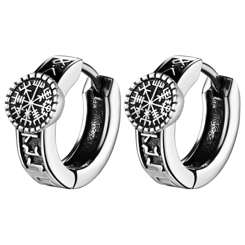 Cupimatch Wikinger Ohrringe Herren Creolen: Edelstahl Norwegischer Kompass Ohrstecker Wikingerrunen Huggie-Ohrringe Amulett Schmuck für Männer Vater Sohn von Cupimatch