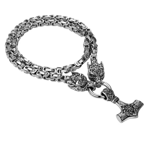 Cupimatch Wikinger Thors Hammer Halskette: Norweger Wolfskopf Thors Hammer Anhänger mit Byzantinische Kette Heavy Chunky Edelstahl Wikinger-Halskette Retro Punk Amulett-Schmuck für Herren von Cupimatch