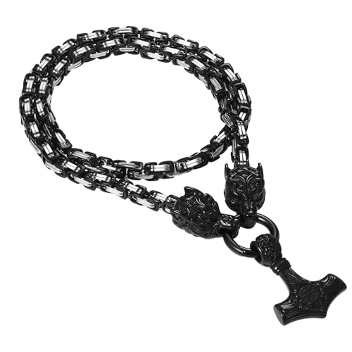 Cupimatch Wikinger Thors Hammer Halskette: Norweger Wolfskopf Thors Hammer Anhänger mit Byzantinische Kette Heavy Chunky Edelstahl Wikinger-Halskette Retro Punk Amulett-Schmuck für Herren von Cupimatch