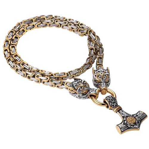 Cupimatch Wikinger Thors Hammer Halskette: Norweger Wolfskopf Thors Hammer Anhänger mit Byzantinische Kette Heavy Chunky Edelstahl Wikinger-Halskette Retro Punk Amulett-Schmuck für Herren von Cupimatch