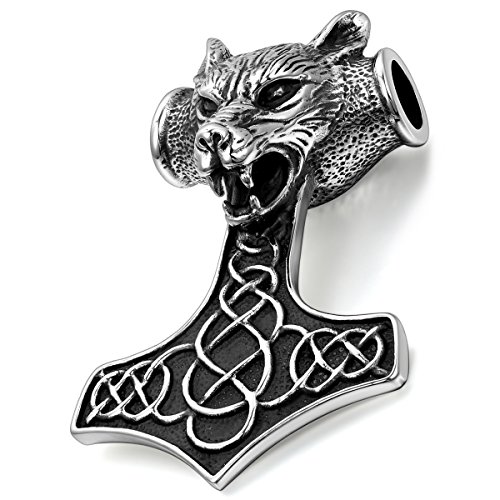 Cupimatch Wolf Kopf Thors Hammer Anhänger, Edelstahl Groß Dreiecksknoten Trinity Keltisch Knoten Design mit 55cm Halskette, silber schwarz von Cupimatch