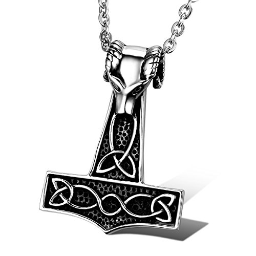 Cupimatch Wolf Kopf Thors Hammer Keltischer Knoten Anhänger, 55cm Herren Halskette, silber schwarz von Cupimatch