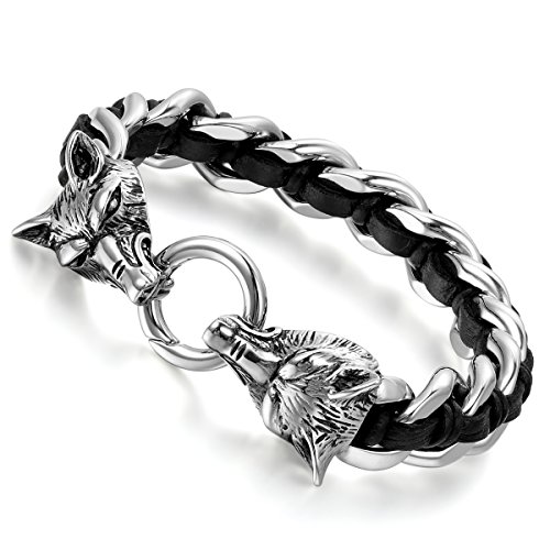 Cupimatch Wolfskopf Armband Edelstahl Vatertag: Gothic Geflochtenes Lederarmband mit Doppelkopf Wolf 15mm Breite Schwere Biker Armkette Punk Rock Manschette Herren Armreif Geschenke für Männer Freund von Cupimatch